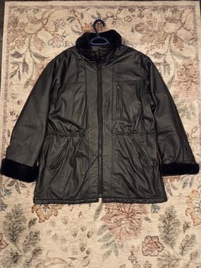 EMC Women's Black Faux-Leather Zip Front Coat with Fur Trim